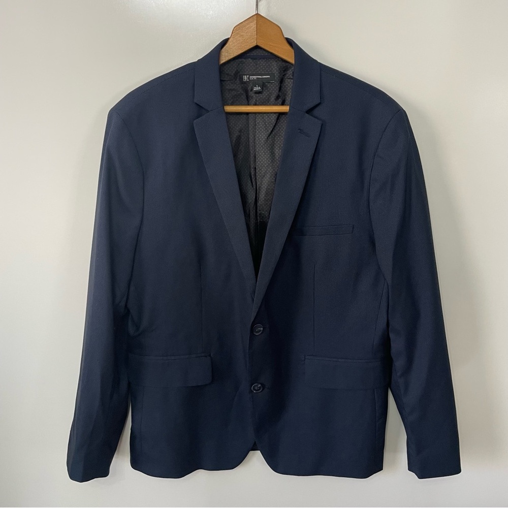 INC Slim Fit Navy Blazer Micro Check Sports Coat Jacket Mens L Preppy Wedding